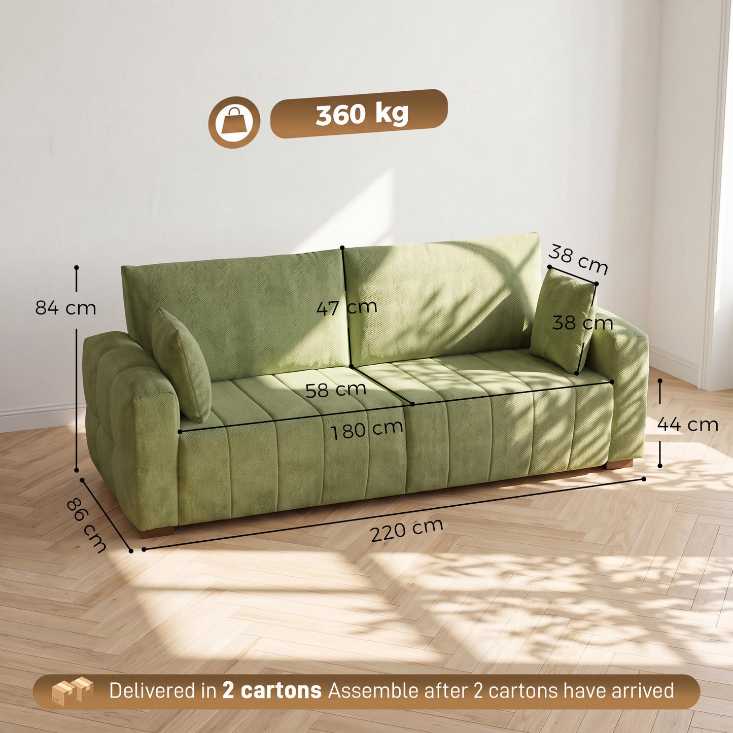 HOMCOM 3 Seater Sofa, Upholstered Velvet Couch for Bedroom with Pillows, Padded Cushion and Wood Legs, Green