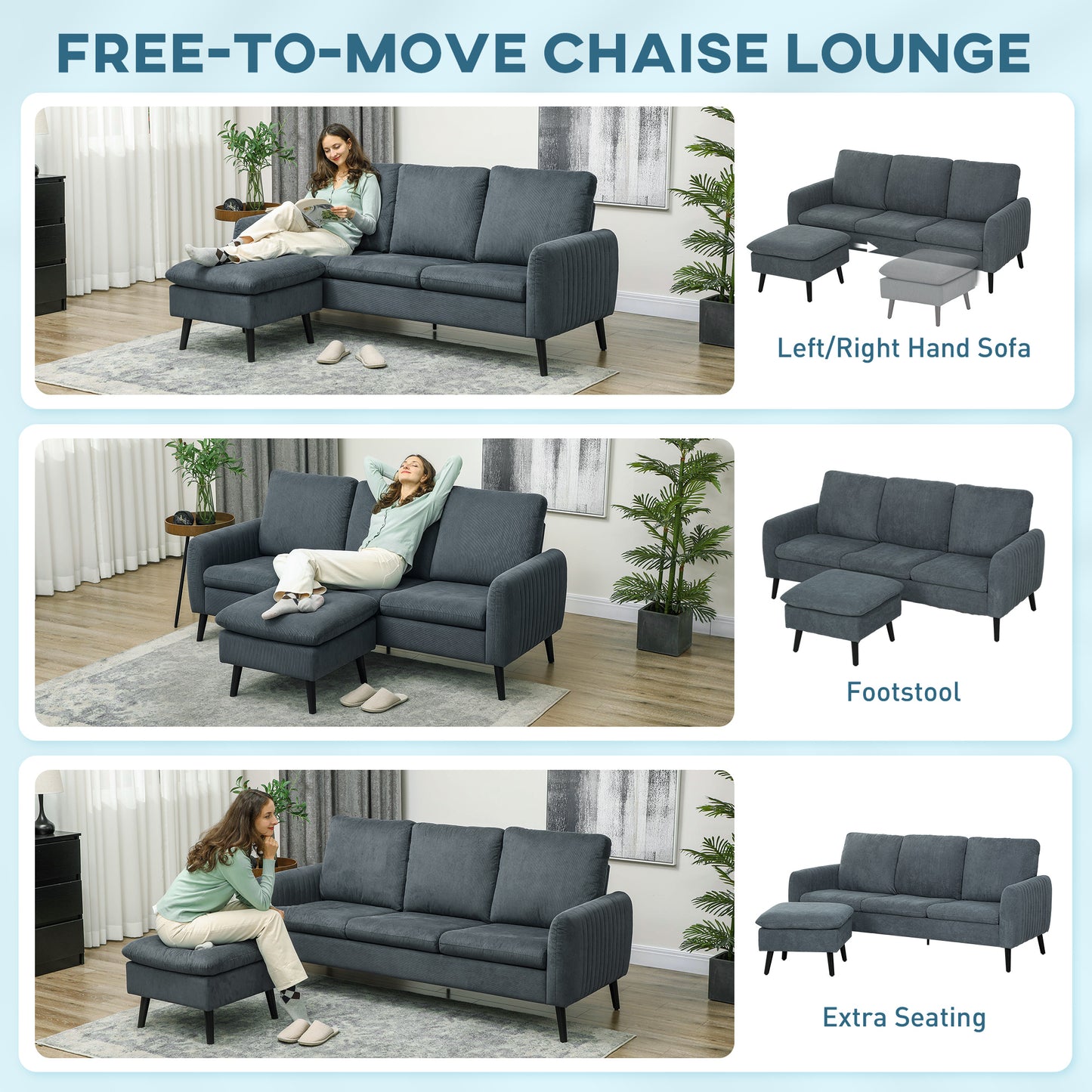 HOMCOM Corner Sofa with Reversible Chaise Lounge, Corduroy Fabric, 3-Seater, L-Shaped, Charcoal Grey