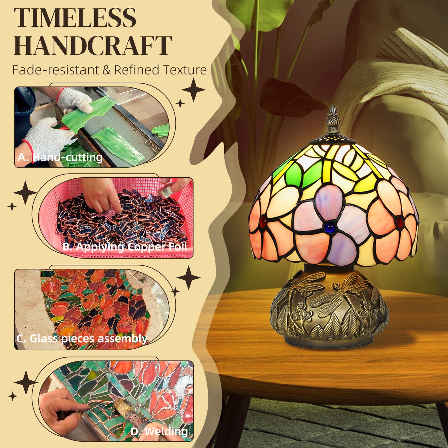 HOMCOM Tiffany-Style Table Lamp, Sculpted Dragonfly Base, Handcrafted Stained Glass, E27 Socket, for Living Room/Bedroom, Pink