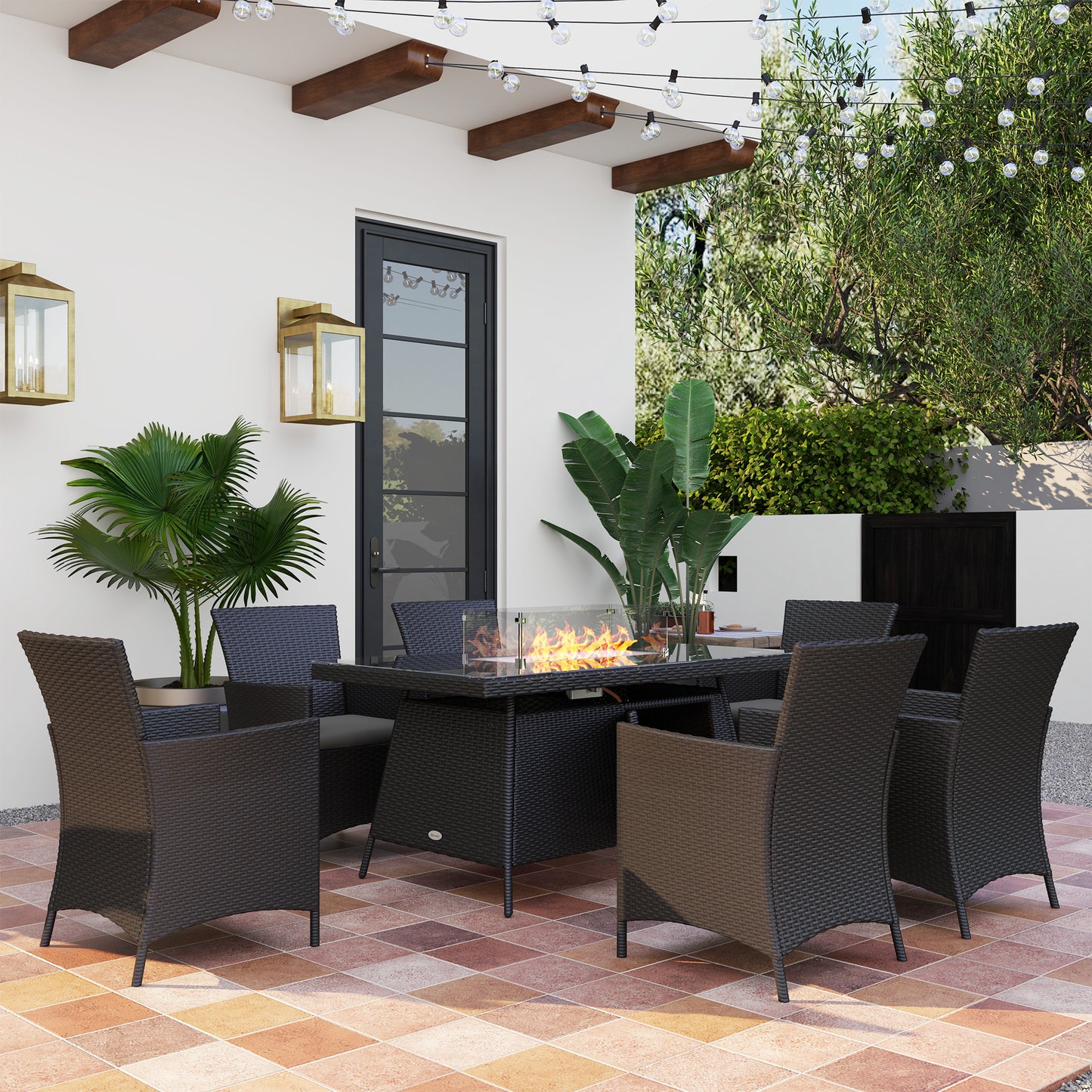 Outsunny 7-Piece Rattan Garden Furniture with Fire Pit Table, 6 Seater Set, Cushions, 50,000 BTU, Black