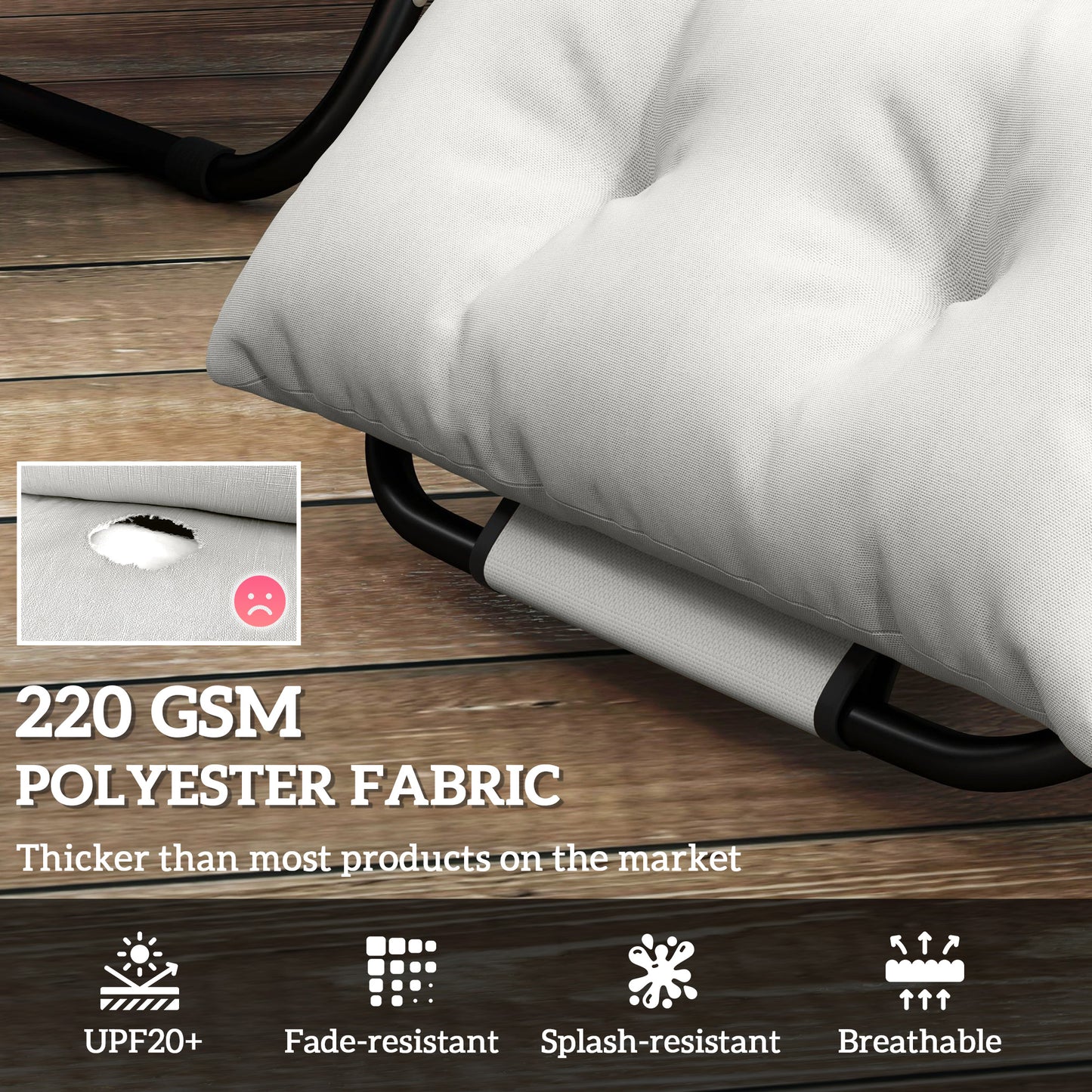 Outsunny Sun Lounger Cushions, 190x56x10cm Set of 2, UPF20+ Thick Sunbed Replacement with 6 Ties, 220gsm Fabric, Light Grey