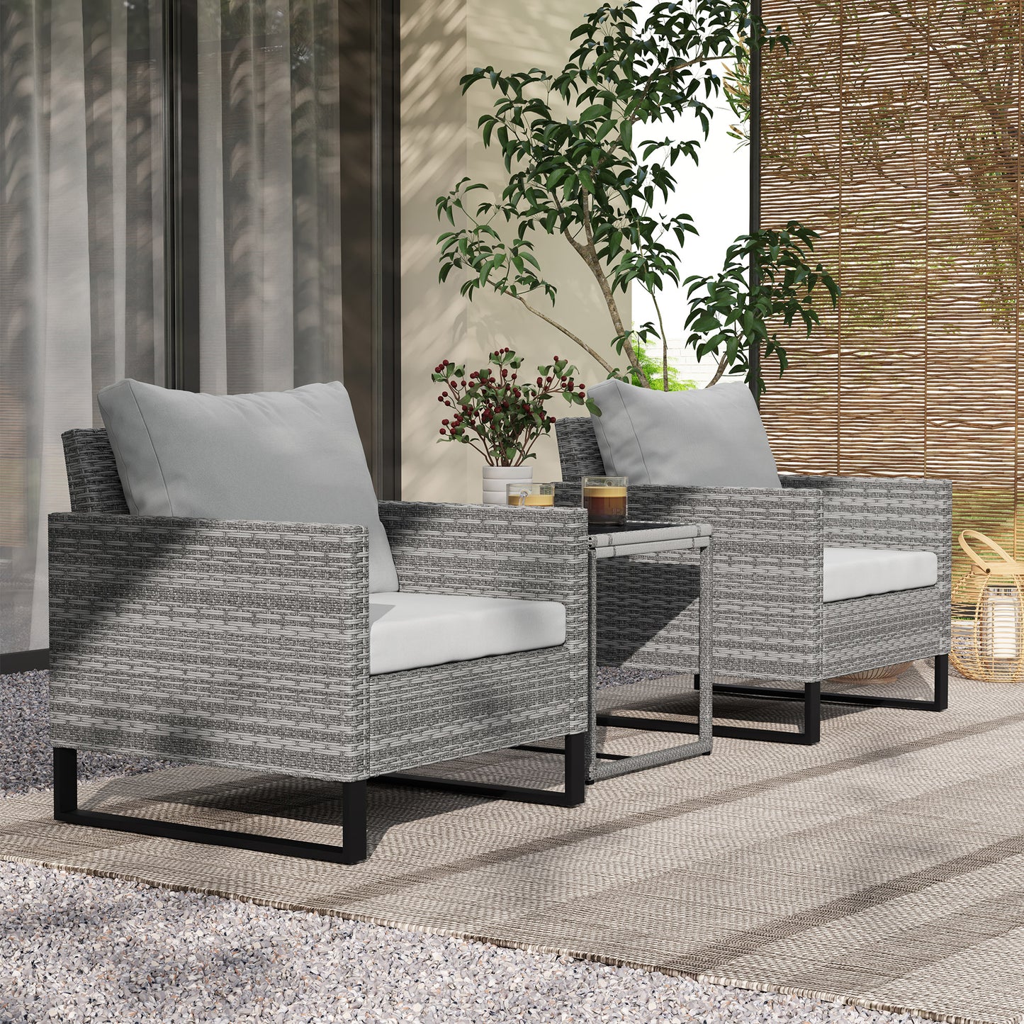 Outsunny Rattan Bistro Set: 3 Pieces with 4 Cushions, Glass Top Table & Chairs for Patio, Balcony, or Conservatory, Grey