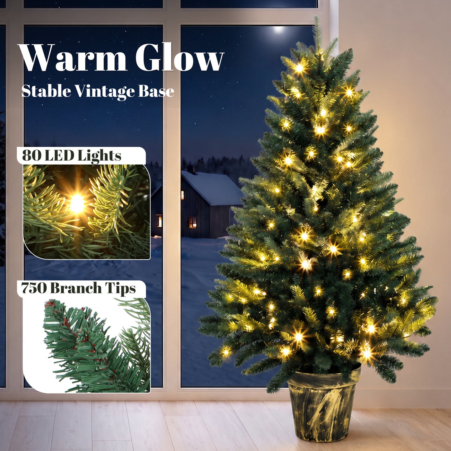 HOMCOM Realistic Xmas Tree, 4ft Prelit Artificial Christmas Tree with 80 Lights, Green
