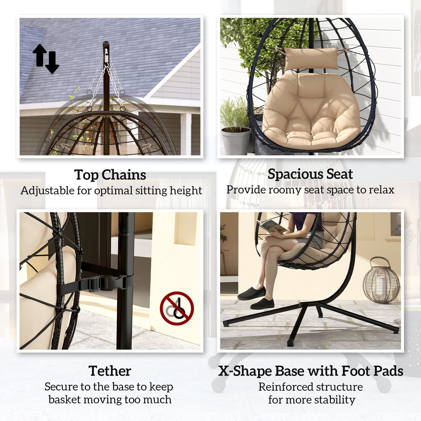 Outsunny Hanging Egg Chair Indoor/Outdoor Swing with Stand, Thick Cushion, Headrest, Khaki