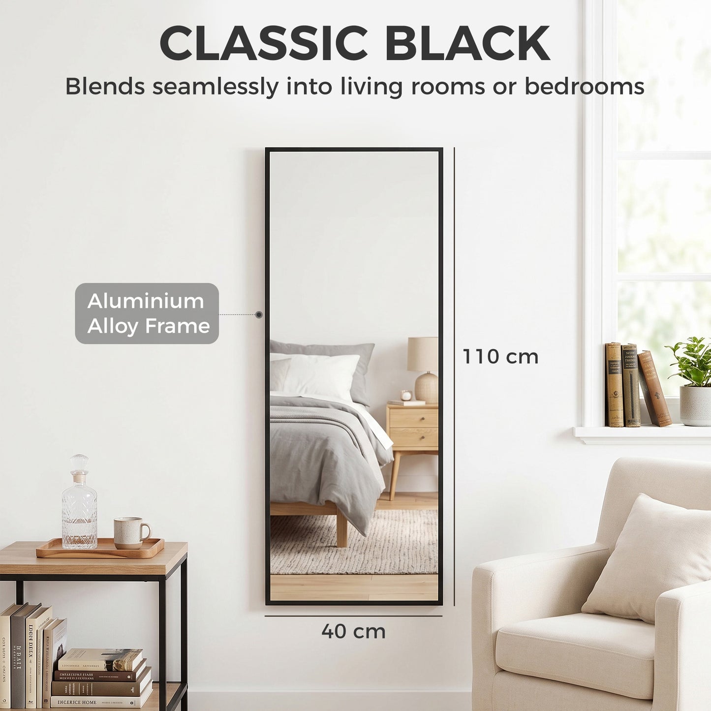 HOMCOM 40 x 110 cm Full Length Wall Mirror, Rectangular Mirror with Adjustable Hooks, Over the Door or Wall Mounted, Black