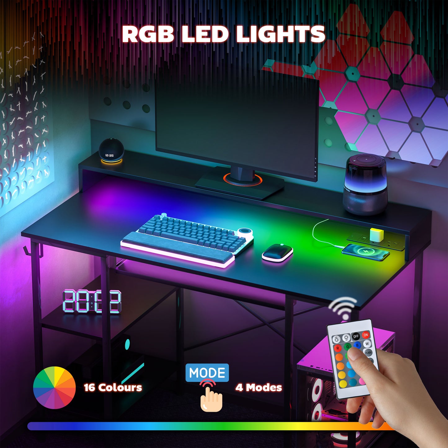 HOMCOM Reversible Computer Desk with LED, Power Outlets, Monitor Stand, Keyboard Tray, Storage Shelves, 120x55cm. Industrial Office Desk, Black