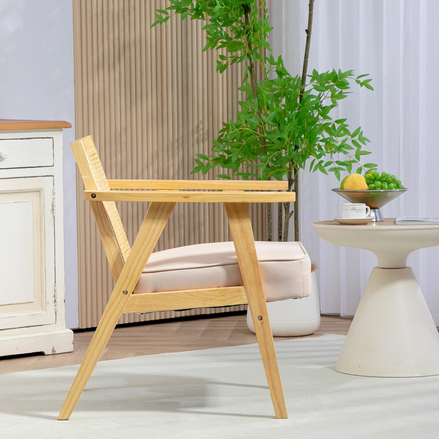 HOMCOM Bohemian Armchair, Fabric Seat, Rattan Back, Rubber Wood Frame, Natural Finish