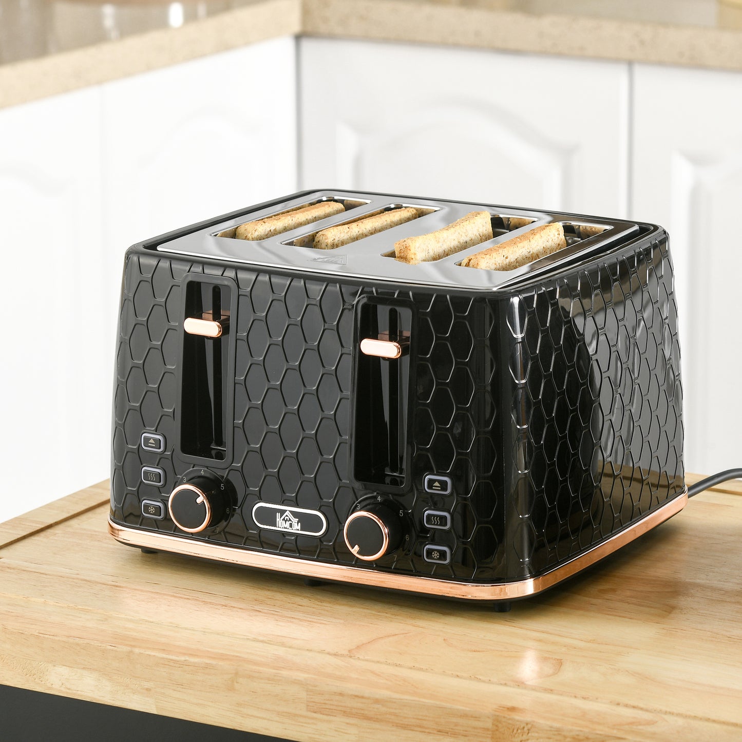 HOMCOM 4 Slice Toaster with 7 Browning Levels 1600W, Black Honeycomb Texture