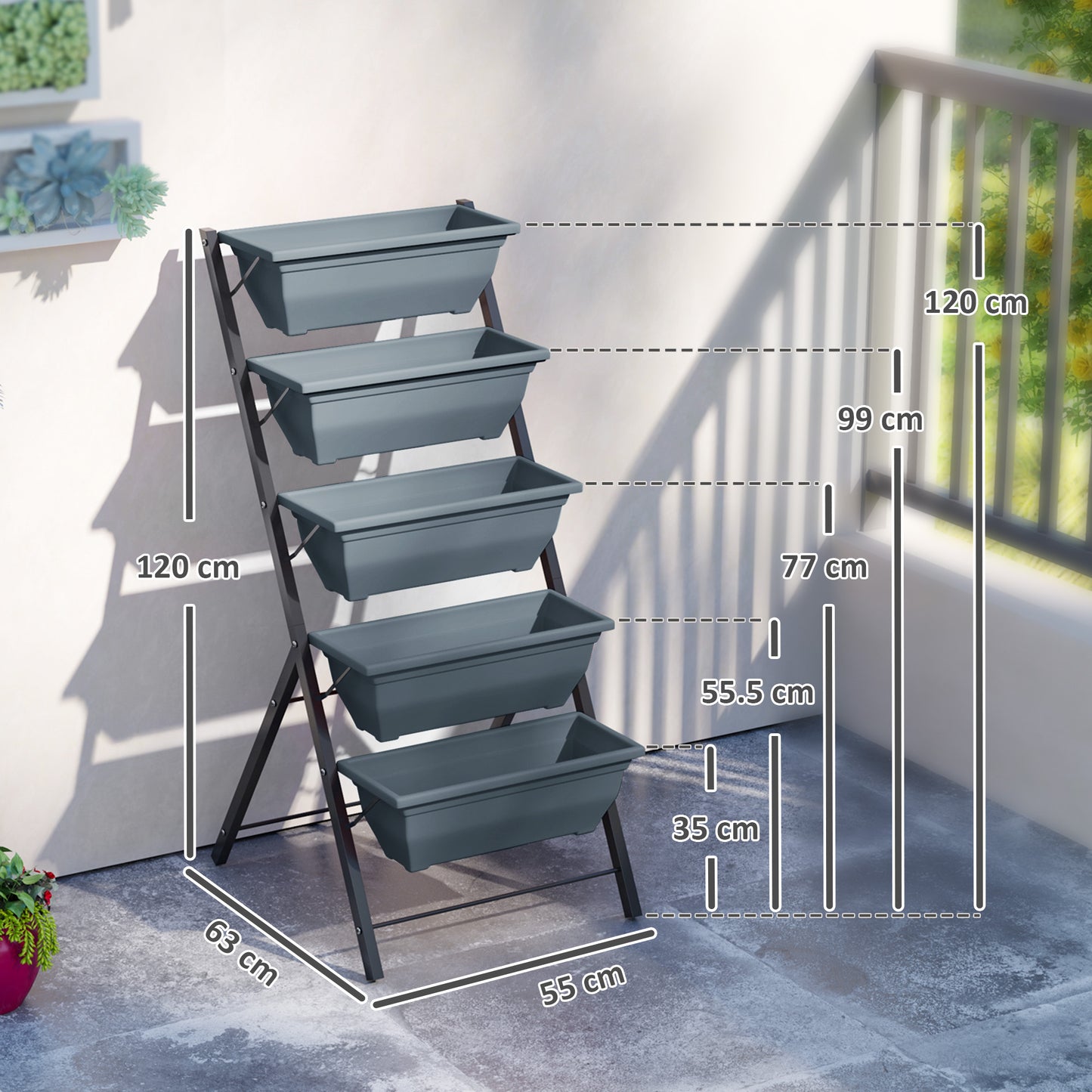 Outsunny 5-Tier Raised Garden Bed, Vertical Ladder Plant Stand with 5 Removable Boxes, Drainage Holes, Indoor/Outdoor Use, Grey