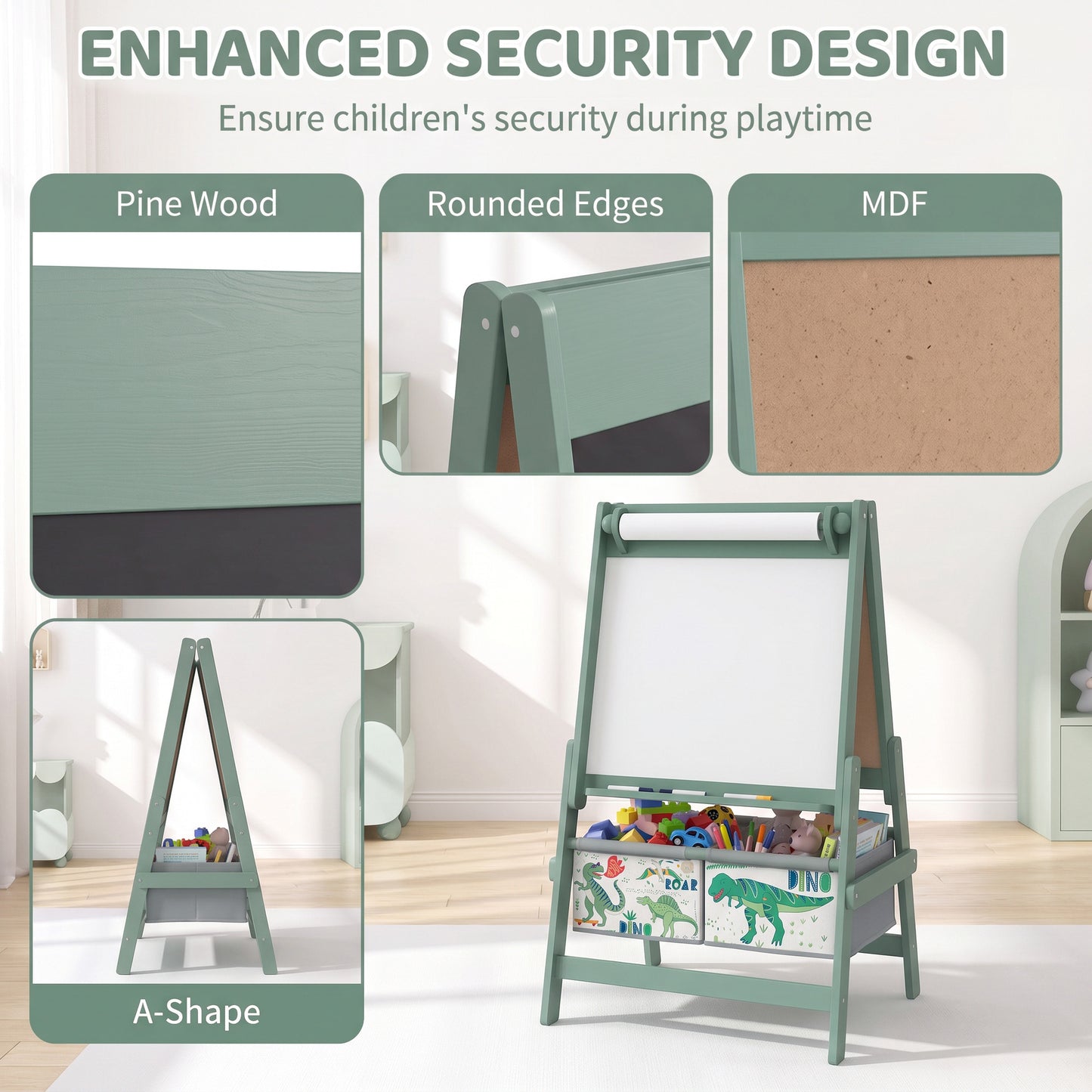 AIYAPLAY Art Easel for Kids, 3-in-1 Kids Easel with Chalkboard, Whiteboard, Paper Roll, Storage, Under-Board Shelf for 3-8, Green
