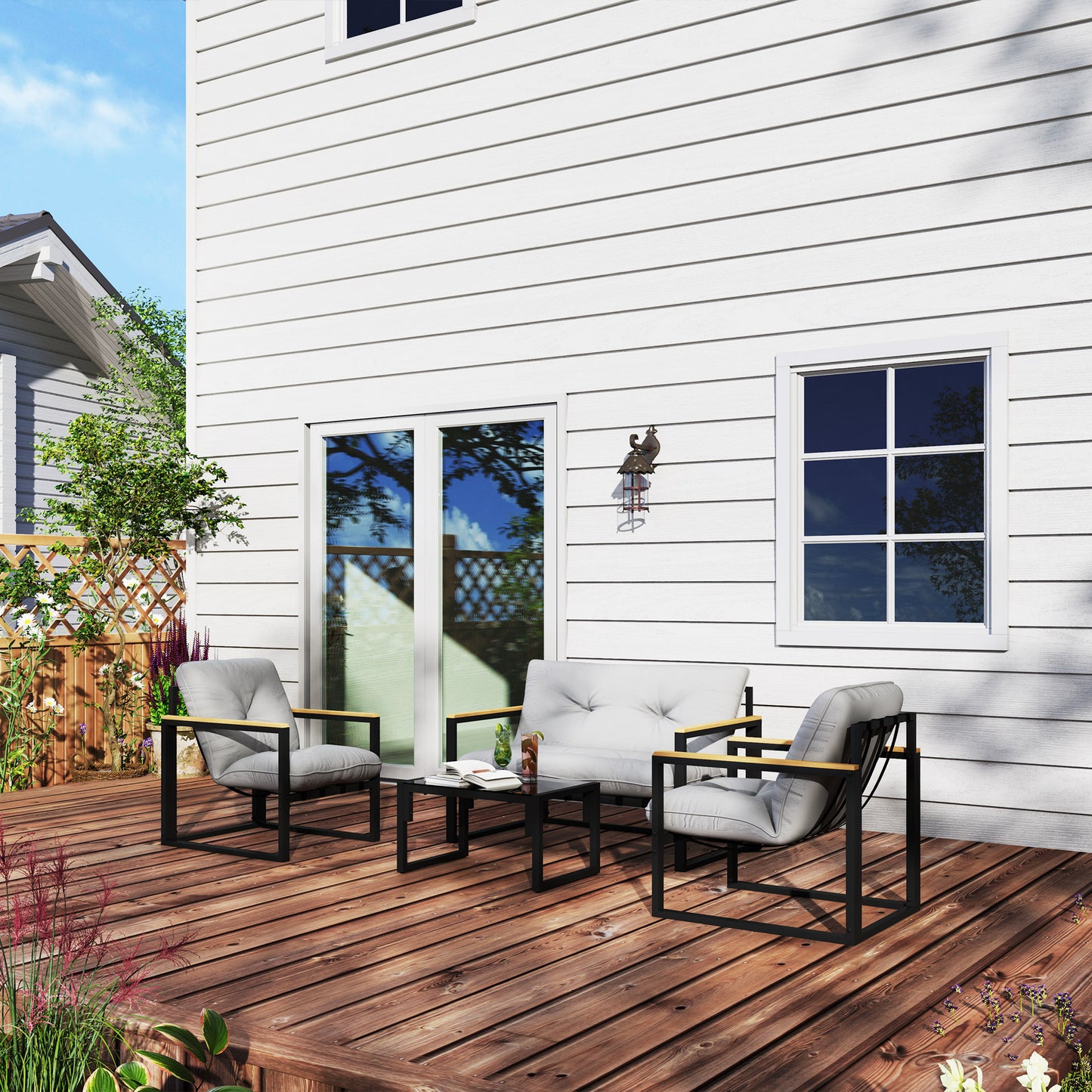 Outsunny Garden Furniture Set, 4-Piece with Loveseat Sofa, Armchairs, Glass Coffee Table, Cushions for Balcony, Patio, Light Grey