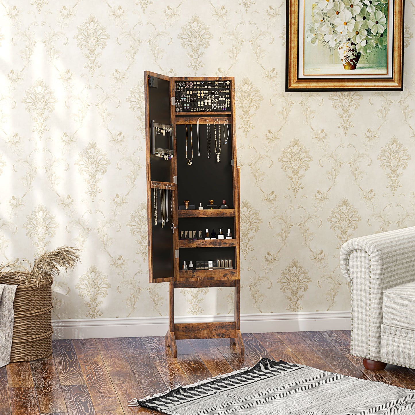 HOMCOM Freestanding Mirror Jewelry Cabinet with LED Lights, Adjustable Organizer for Earrings, Necklaces, Rings, and Lipsticks, Rustic Brown