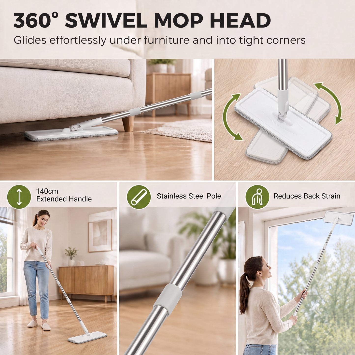 HOMCOM Mop and Bucket Set, Compact Flat Mop System with Wringer, 2-Chamber Design, 5 Reusable Pads, 127cm Handle, White
