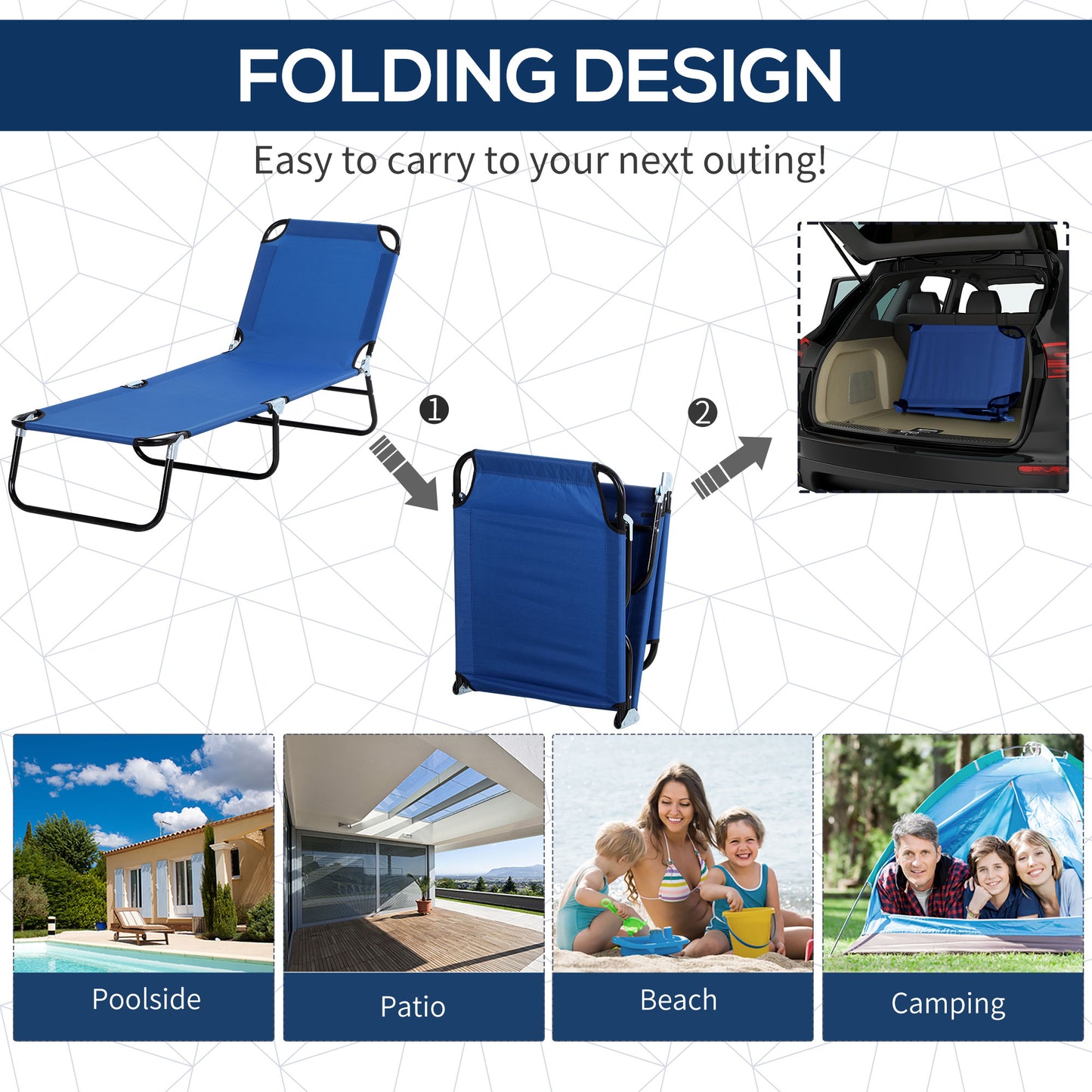 Outsunny 2-Piece Foldable Sun Lounger, 4-Level Adjustable Reclining Chair with Adjustable Sun Shade for Beach, Garden, Patio, Blue.