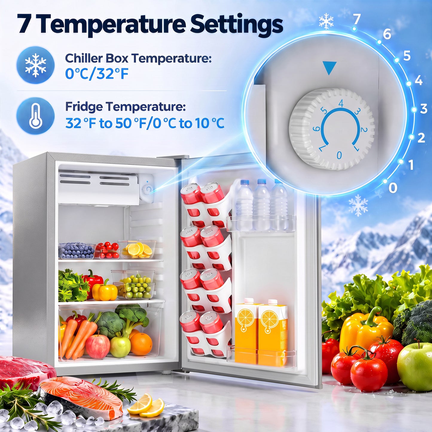 HOMCOM 73 L Mini Fridge with Chiller Box, Single Door Compact Refrigerator, Adjustable Thermostat, Reversible Door, Grey