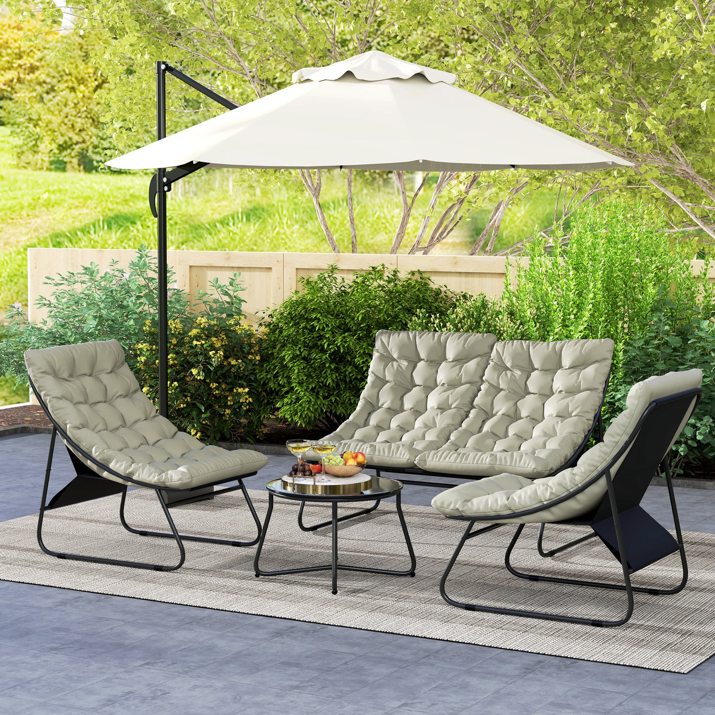Outsunny 4 Seater Garden Furniture Set with Sofa, Chairs, Glass Table, Thick Cushions, Steel for Balcony or Poolside, Light Grey