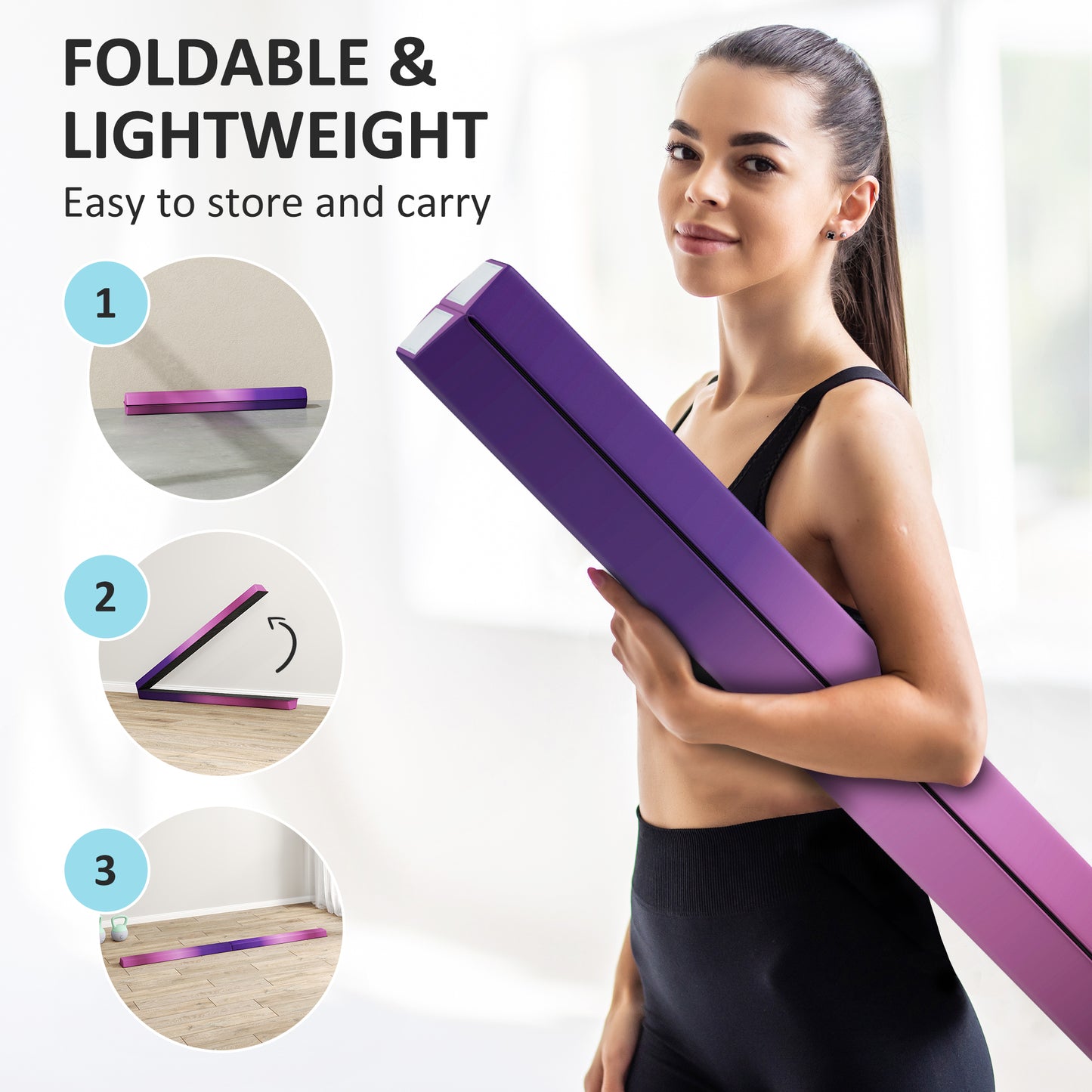 SPORTNOW 7.7ft Folding Gymnastics Beam, Anti-Slip Base, Kids Home Training, Purple/Pink