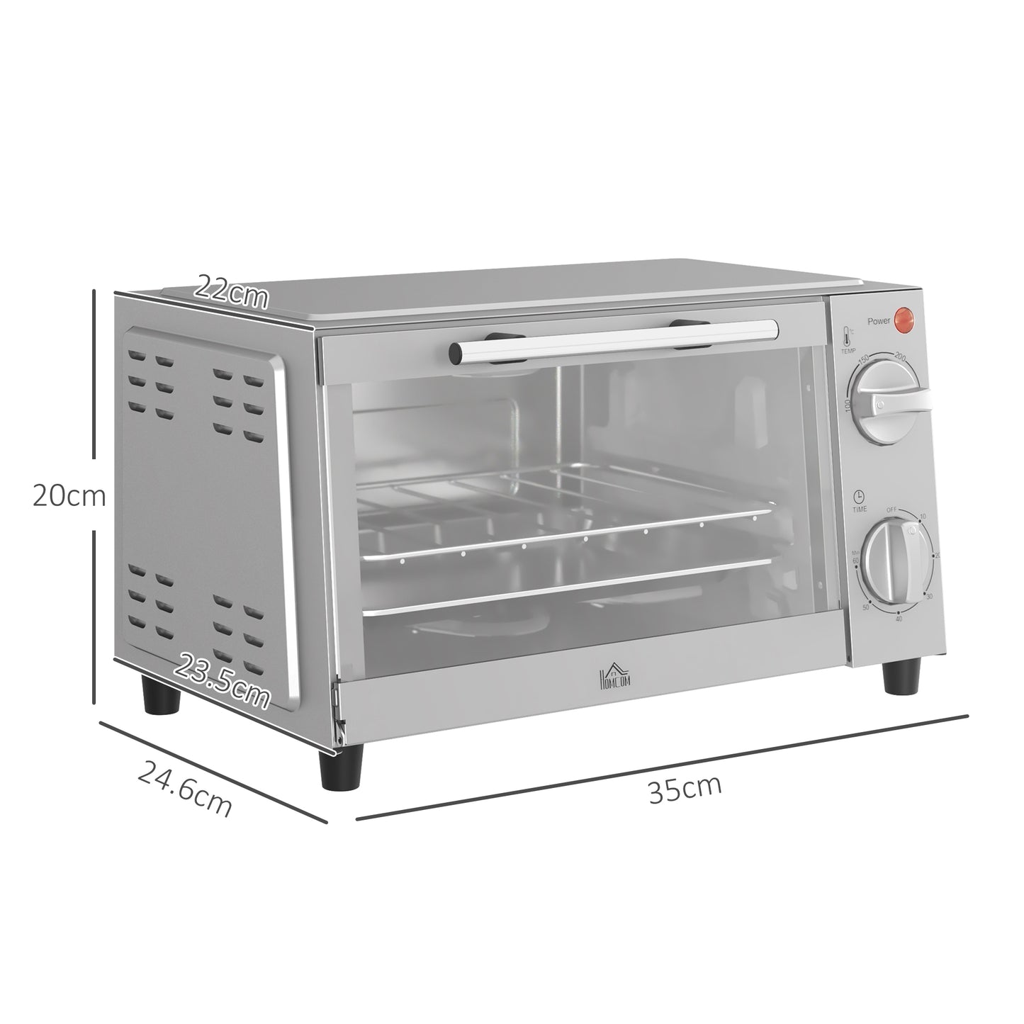 HOMCOM Mini Oven, 9L Countertop Electric Grill, Toaster Oven with Adjustable Temperature, Timer, Baking Tray and Wire Rack, 750W, Silver