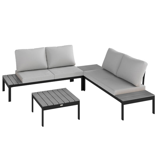 Outsunny Four-Piece Garden Corner Sofa Set with 2 Loveseats and 2 Coffee Tables - Grey