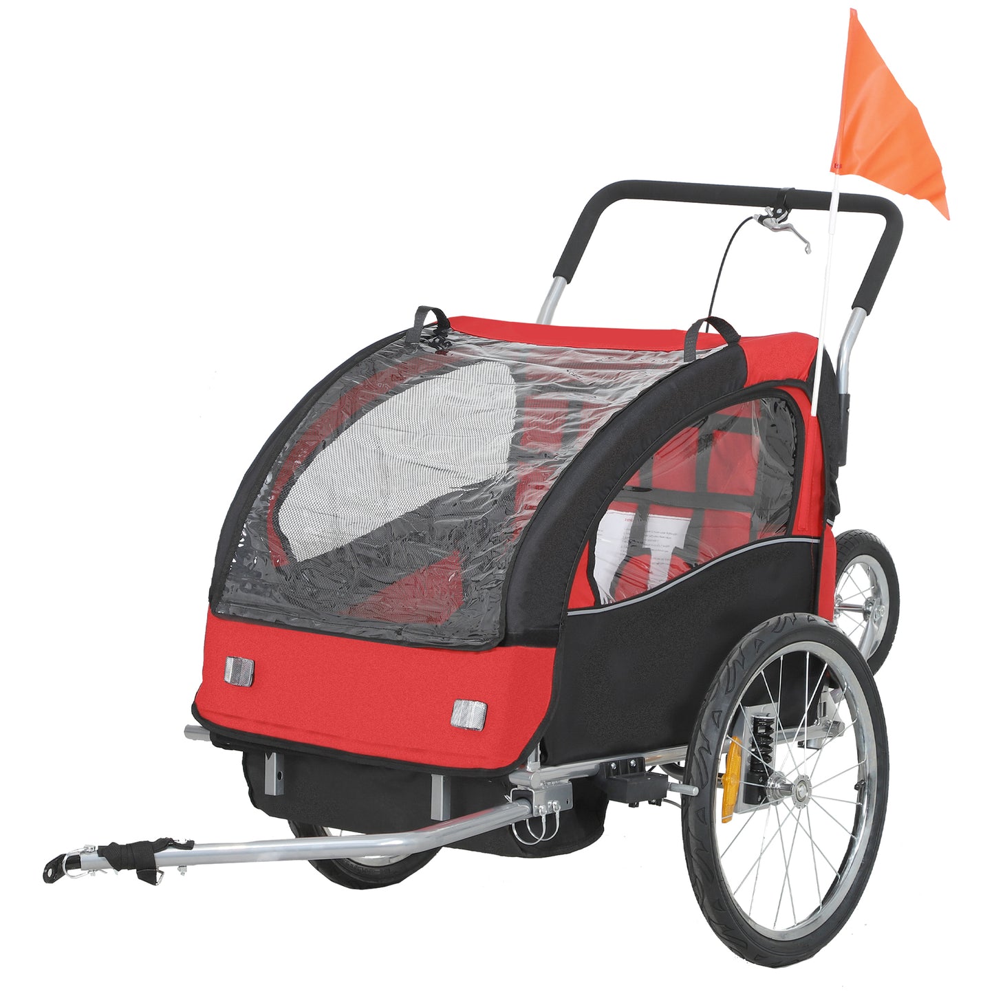 HOMCOM 2 Seat Bike Trailer with 5 Point Harness, Baby Bike Stroller with Safety Flag, Reflectors, for 18+ Months, Red