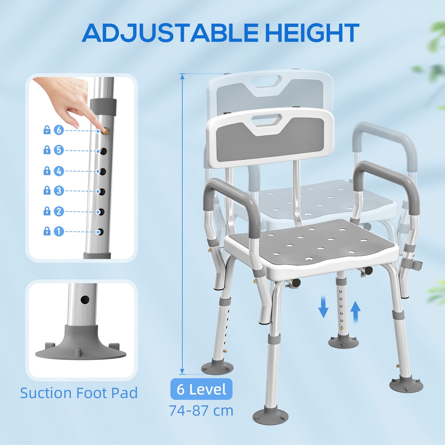 HOMCOM EVA Padded Shower Chair, Height Adjustable with Back & Arms, 4 Suction Foot Pads for Elderly & Disabled, Light Grey