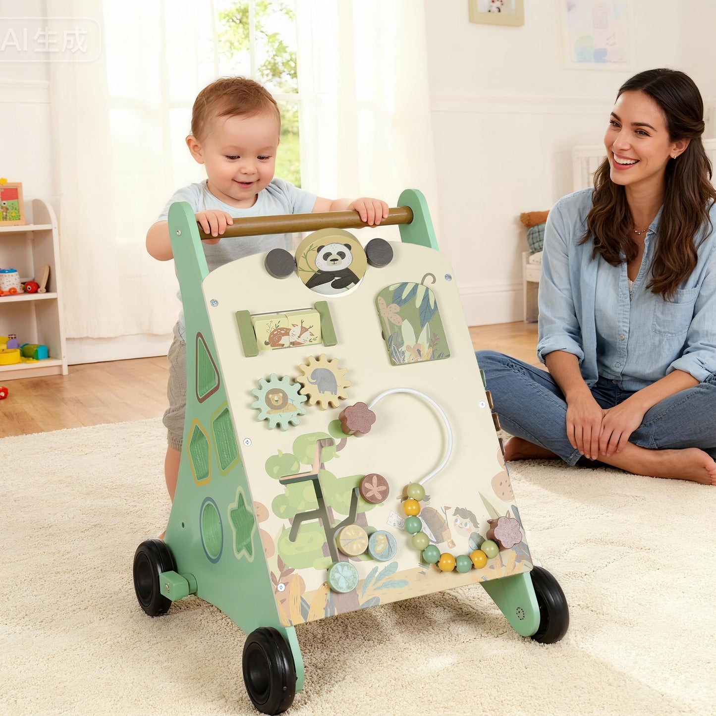 AIYAPLAY Wooden Baby Walker, Push Along Walker Toys with Speed Control, Xylophone, gears and Bead Maze, Green