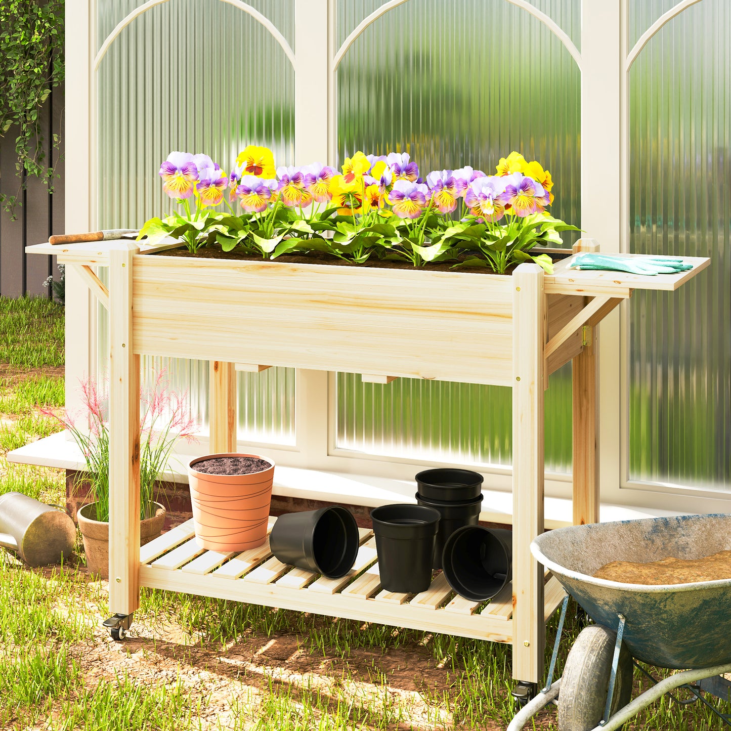 Outsunny Raised Garden Bed, Wooden Planter Box with Wheels, Side Tables, Shelf, Liner & Drainage Holes
