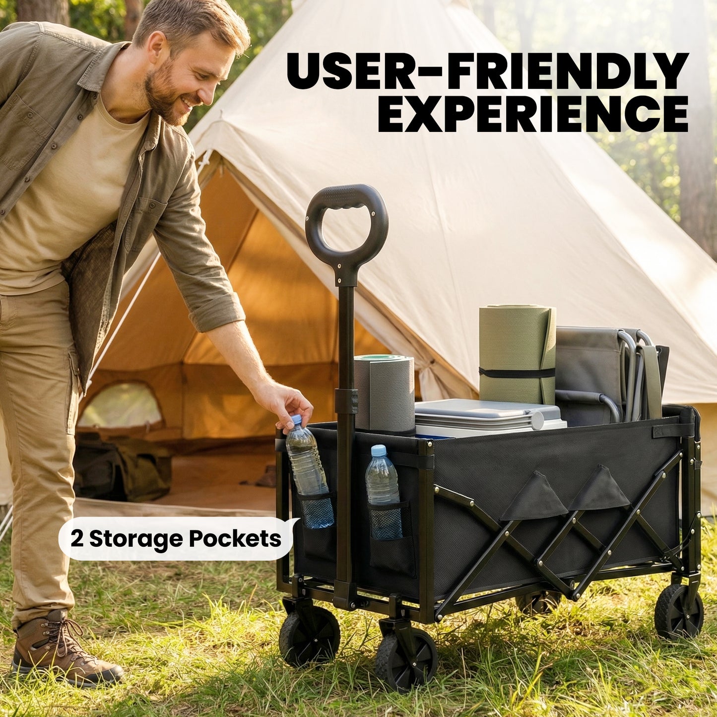Outsunny 80L Foldable Festival Trolley on Wheels, Collapsible Wagon Cart with Drop-Down Tailgate, Adjustable Handle, Black