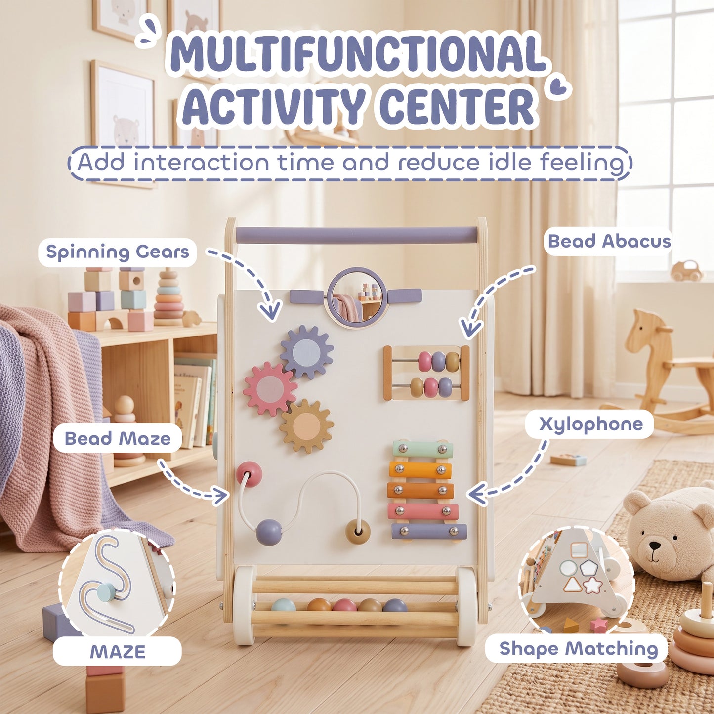 AIYAPLAY Wooden Baby Walker, Montessori Push Along Toy with 5 Blocks and Xylophone Mallet, Adjustable Speed for Toddlers 1.5-3Y