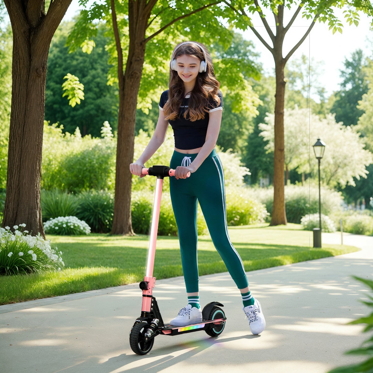SPORTNOW Folding Kids Electric Scooter 6-14, Dual Brakes, Suspension, LED Lights, 6.8kg, 14 KM/H, Pink