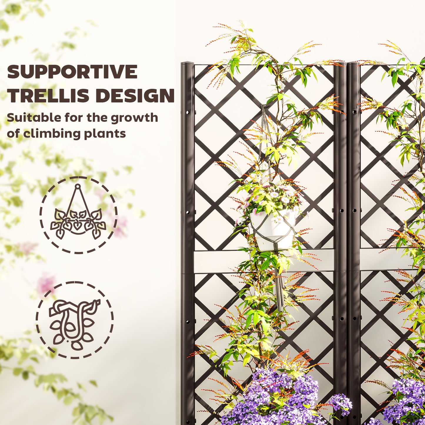 Outsunny Raised Garden Bed with Trellis, Plastic Planter Box with Drainage Holes 2 wide Brown