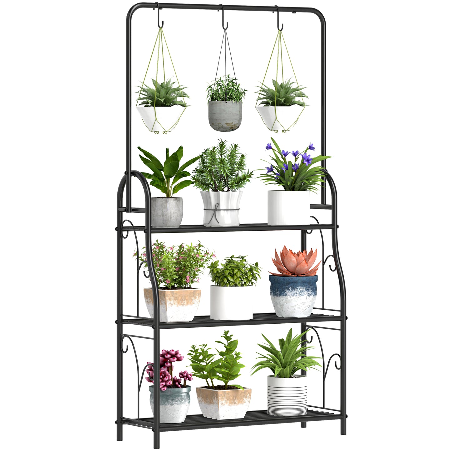 Outsunny 3 Tier Metal Plant Stand with Hanging Rod and Hooks, Ladder Flower Pot Rack for Indoor/Outdoor Use, Black