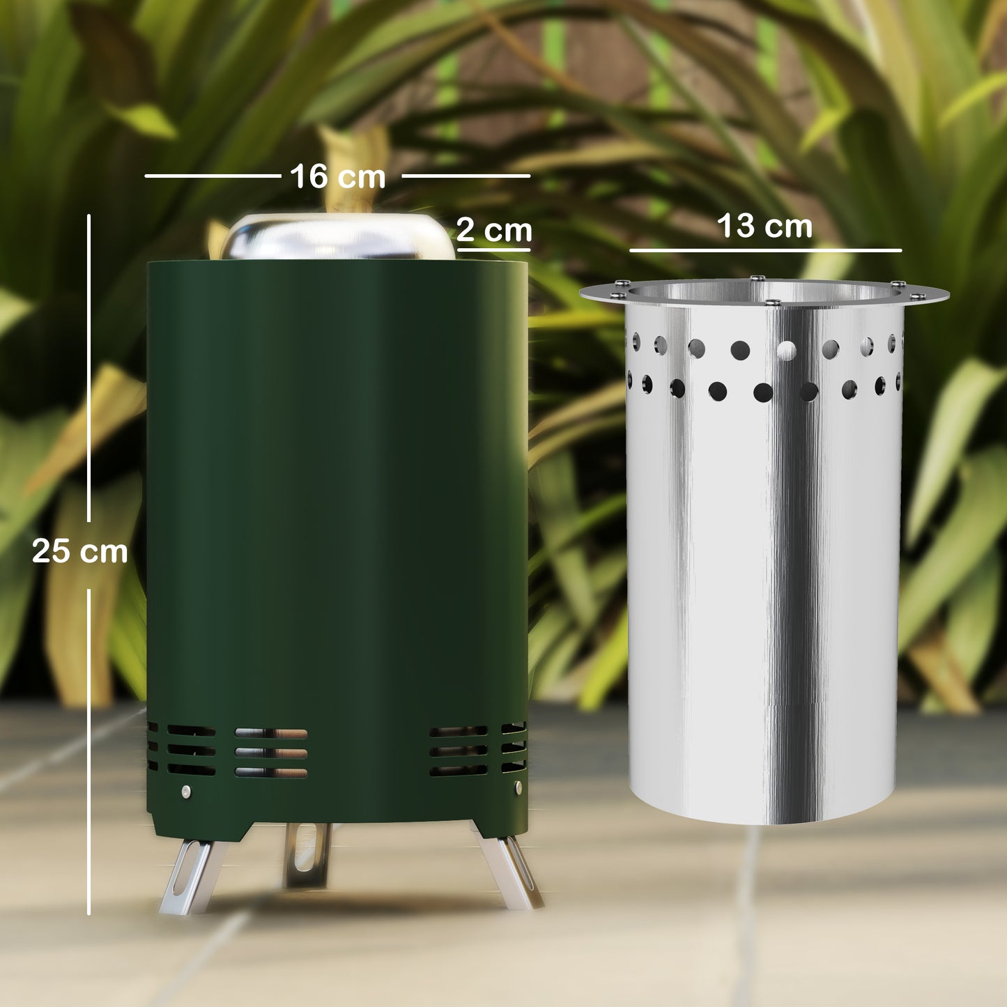 Outsunny Smokeless Fire Pit, 16cm Portable Stainless Steel Wood/Pellet Burning Firepit with Poker for Garden Camping, Green