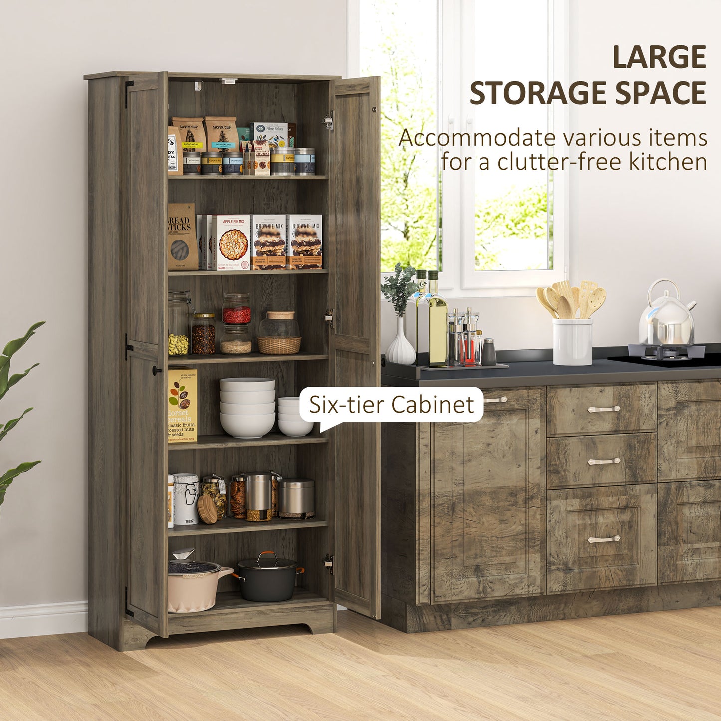 HOMCOM Farmhouse Kitchen Cupboard, Freestanding Storage Cabinet with Adjustable Shelves and Recessed Doors, Grey Wood-Effect