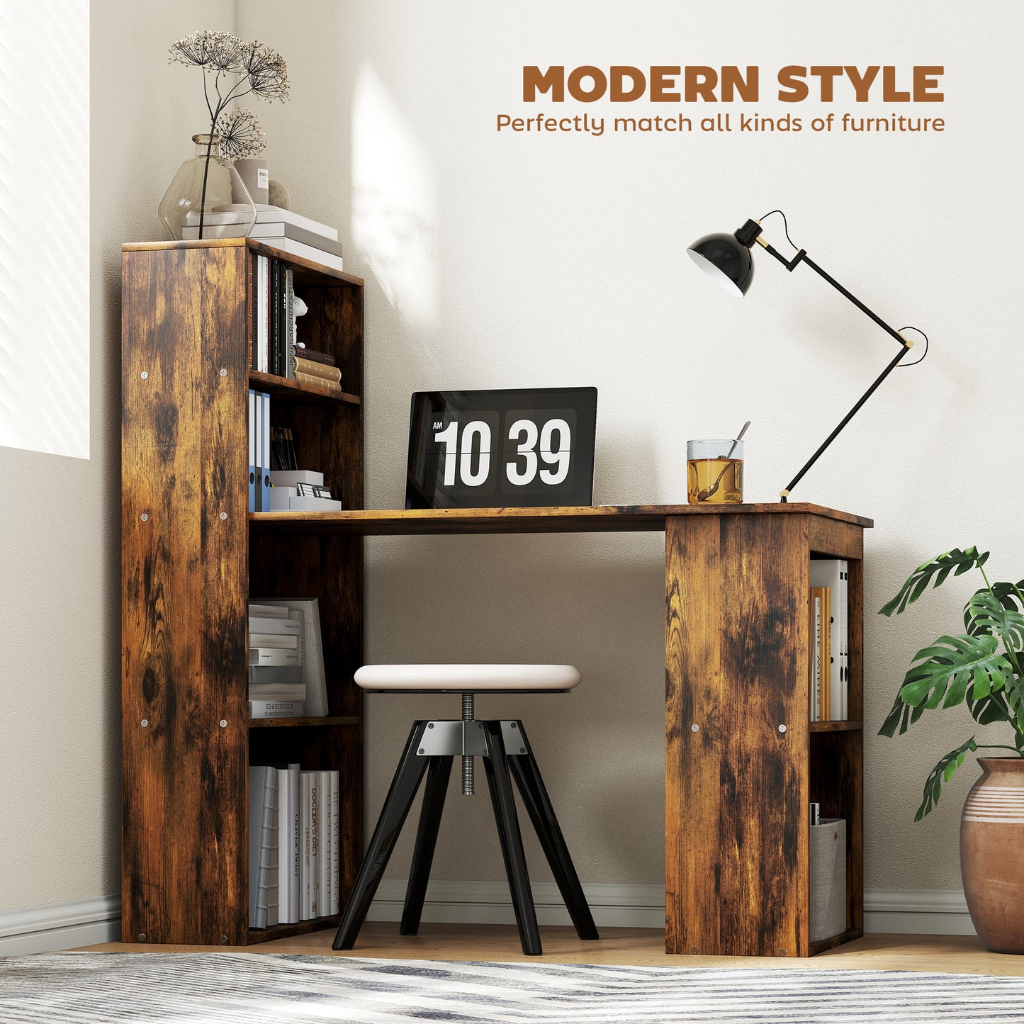HOMCOM Computer Desk, Wooden Table with 6-Tier Storage Shelves, Home Office Study Desk, Writing Workstation, Rustic Brown Wood-Effect