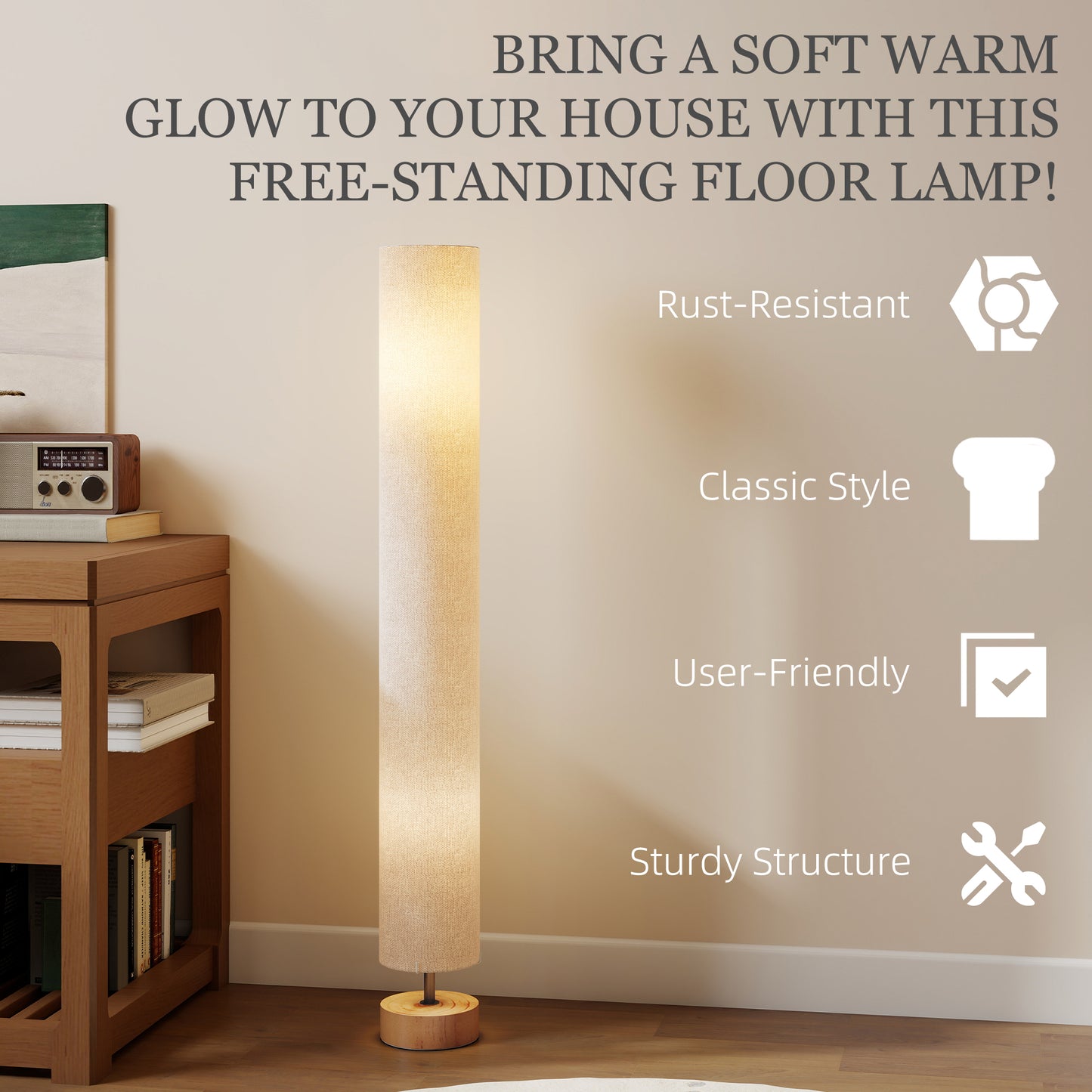 HOMCOM LED Floor Lamp, 120cm Modern Standing Lamp with 3 Colour Temperatures, Linen Shade, Wooden Base, Grey