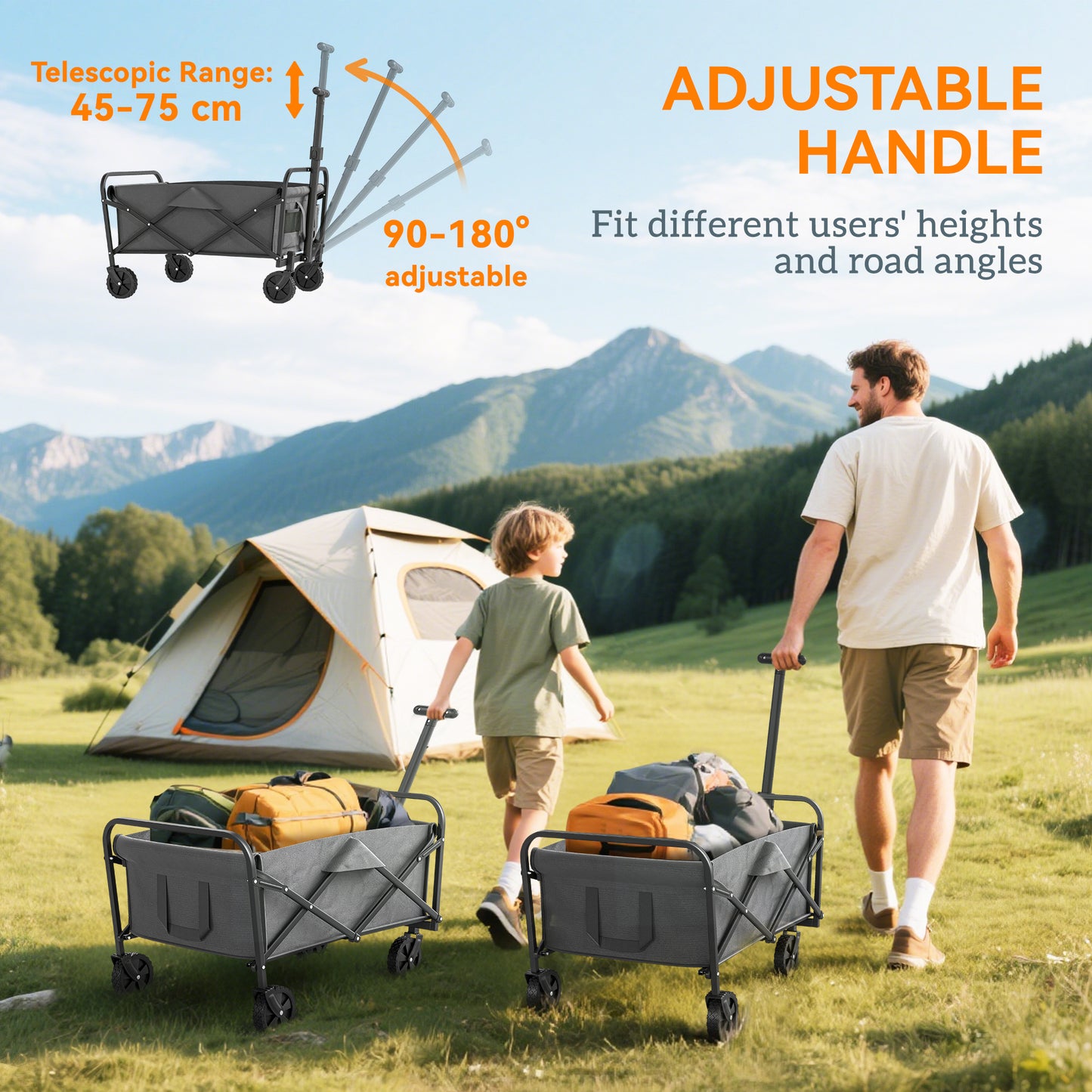 Outsunny Festival Trolley, 62L Heavy Duty Folding Wagon, 120kg Capacity with Adjustable Handle and Carry Bag for Beach/Camping, Grey