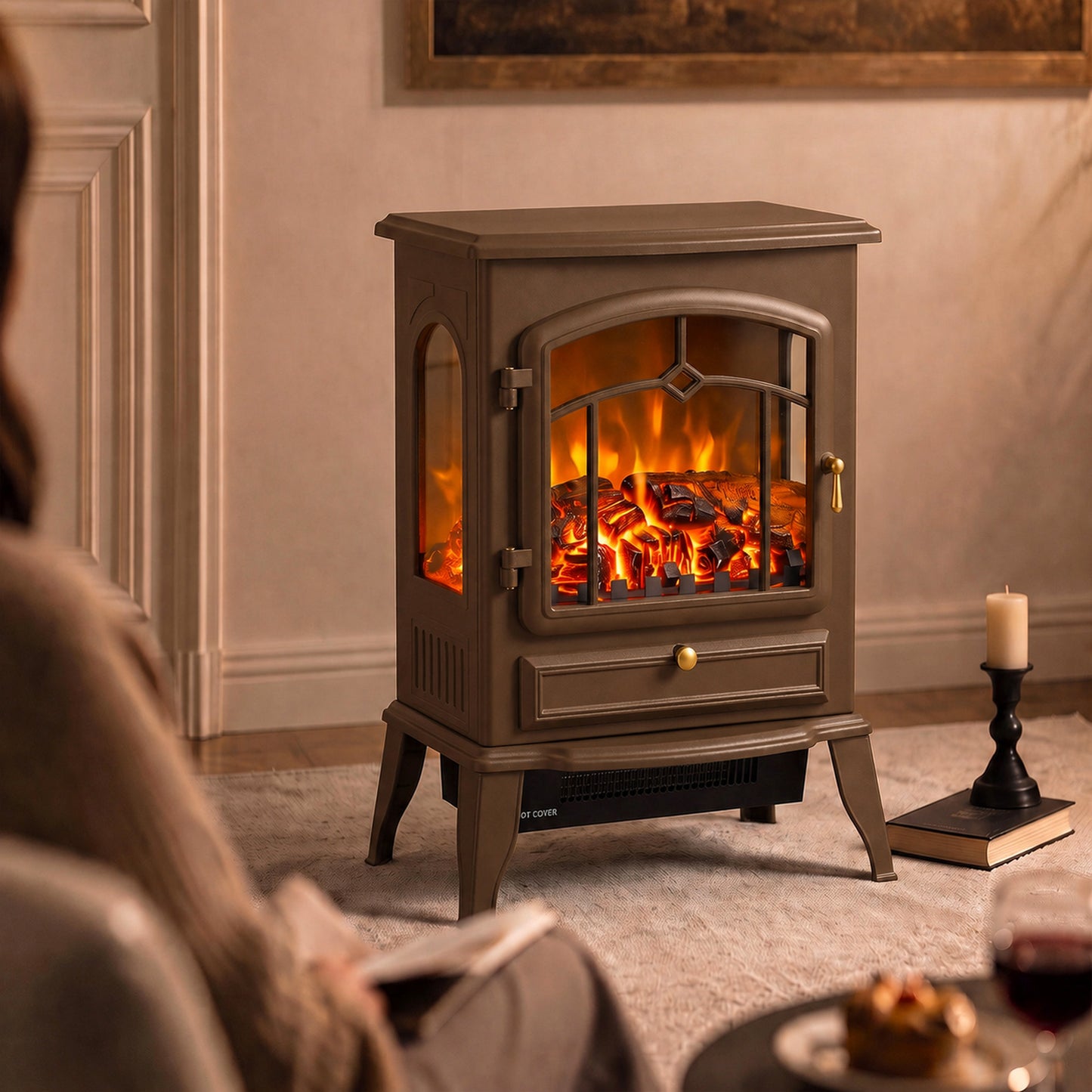 HOMCOM Electric Fireplace Stove, 1000/2000W 3-Sided Freestanding Fireplace Heater with 3D Flame Log, Thermostat, Brown