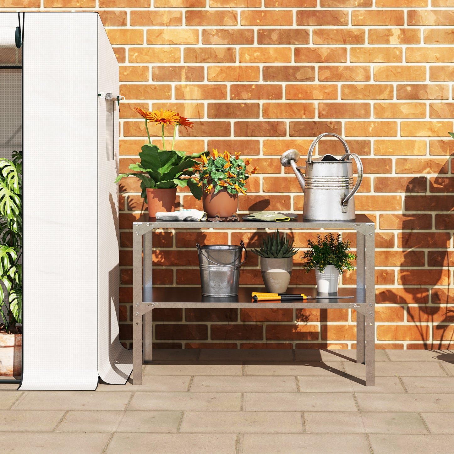Outsunny 2-Tier Potting Bench Table, Galvanised Steel with Storage Shelf, for Garden/Patio/Greenhouse