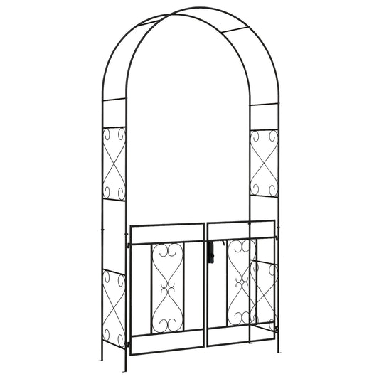 Outsunny Garden Arch with Double Gates, Metal Arbor for Climbing Plants, 114L x 36W x 232H cm, Black