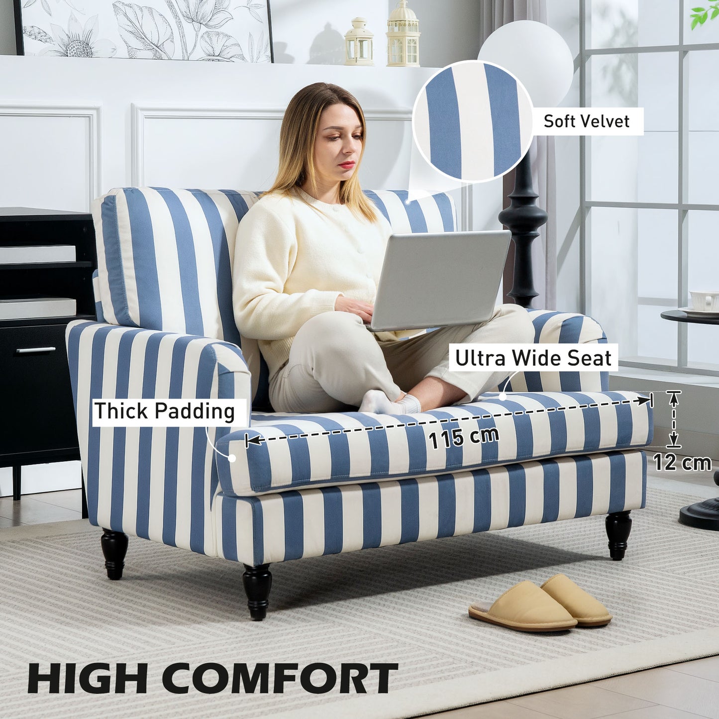 HOMCOM Velvet Single Sofa Armchair, Modern Cuddle Chair with Stripe, Turned Legs, Wide Seat for Living Room/Bedroom, Blue and White