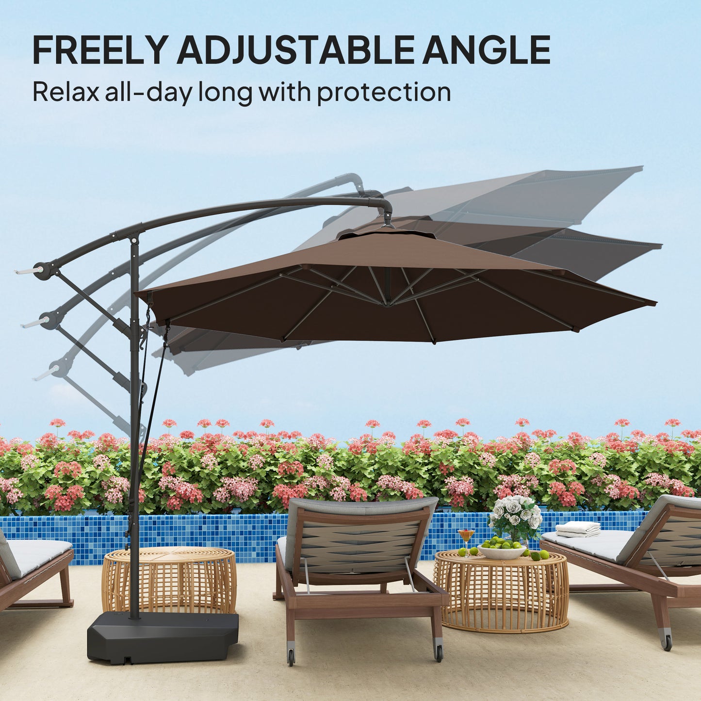 Outsunny Garden Cantilever Parasol with Base, Strap, Cover, Crank Handle, Tilt, UPF50+, Patio Umbrella for Sun Shade, Brown