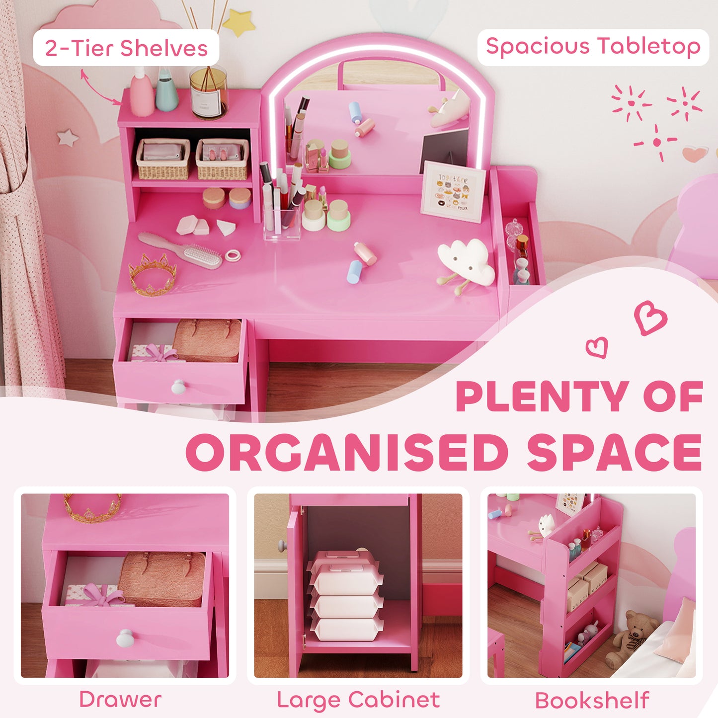 AIYAPLAY Kids Vanity Table and Chair Set, Girls Dressing Table with 2-Colour LED Mirror, Stool, Cabinet, Drawer, Shelves, Pink