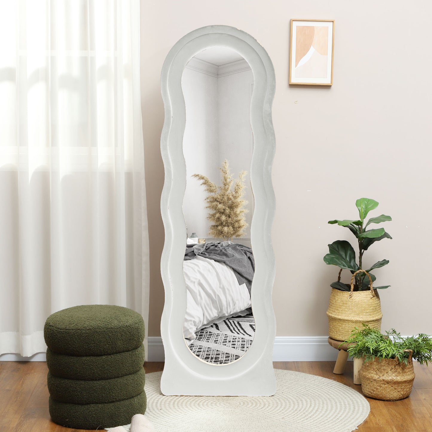 HOMCOM Wavy Velvet-Feel Ripple Full Length Mirror - White