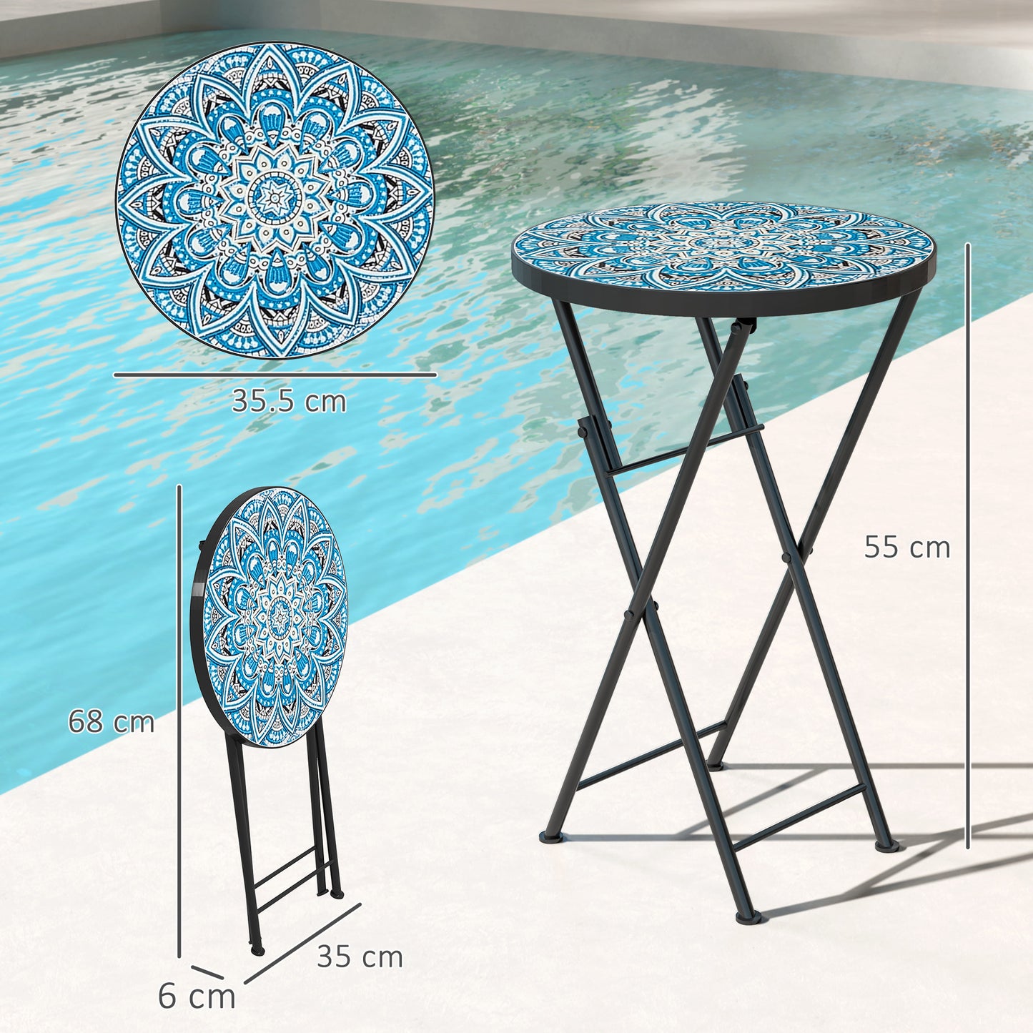Outsunny Mosaic Garden Table, 35.5cm Round Folding Coffee Table with Metal Frame, Indoor Outdoor Table for Balcony Terrace, Blue