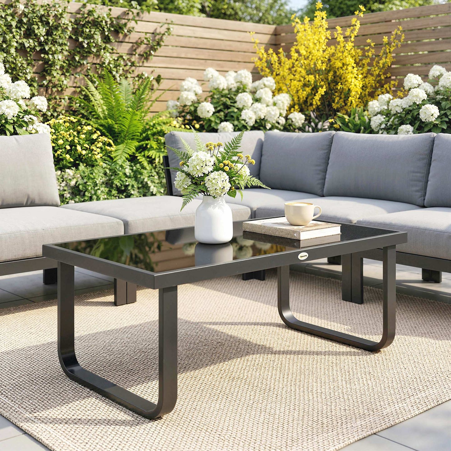 Outsunny Outdoor Garden Coffee Table, Rectangle Metal Side Table with Tempered Glass Tabletop, Adjustable Foot Pads
