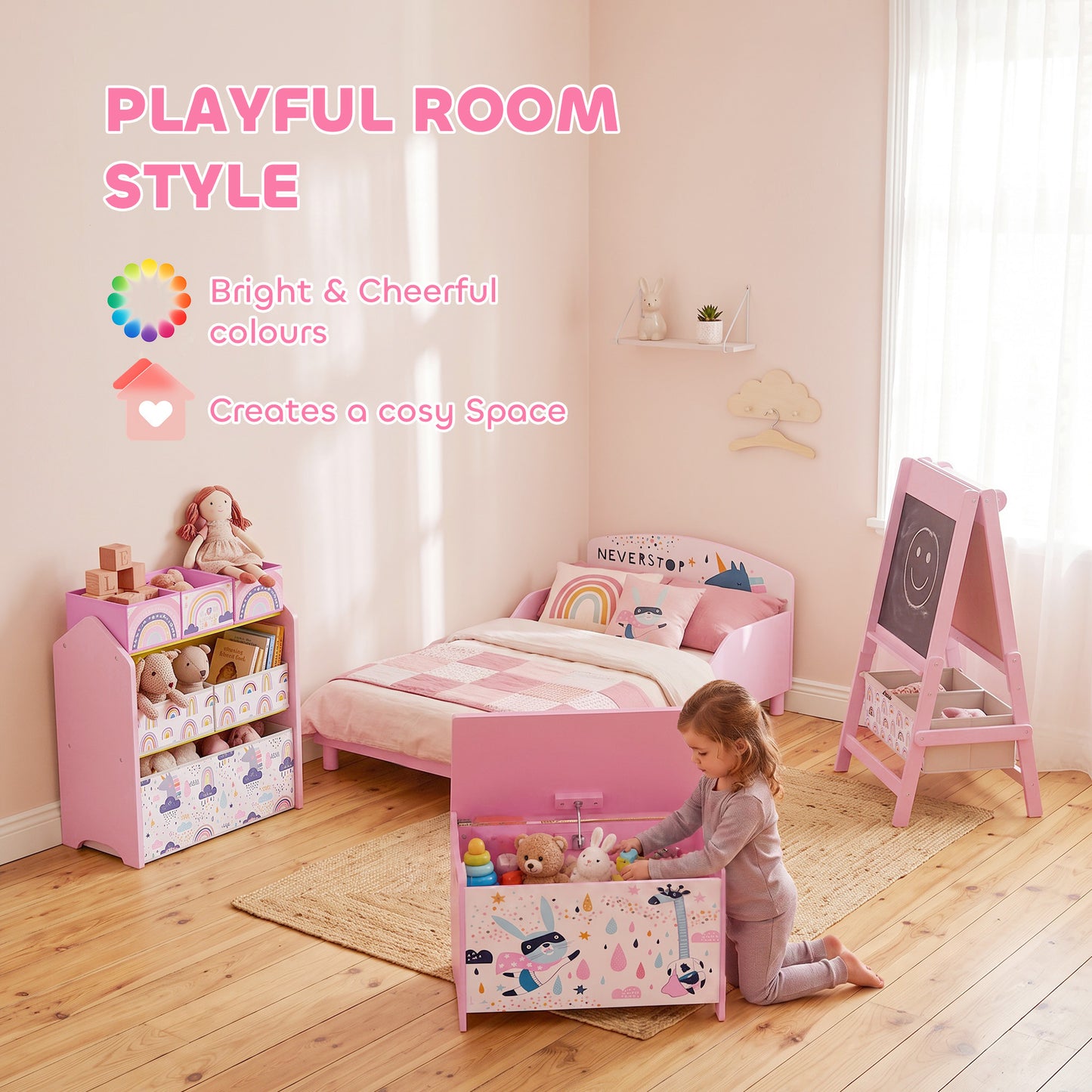 AIYAPLAY Storage Chest, Wooden Toy Chest with Lid, Flip-Top, Security Hinges and Anti-Pinch Design for Kids, Pink