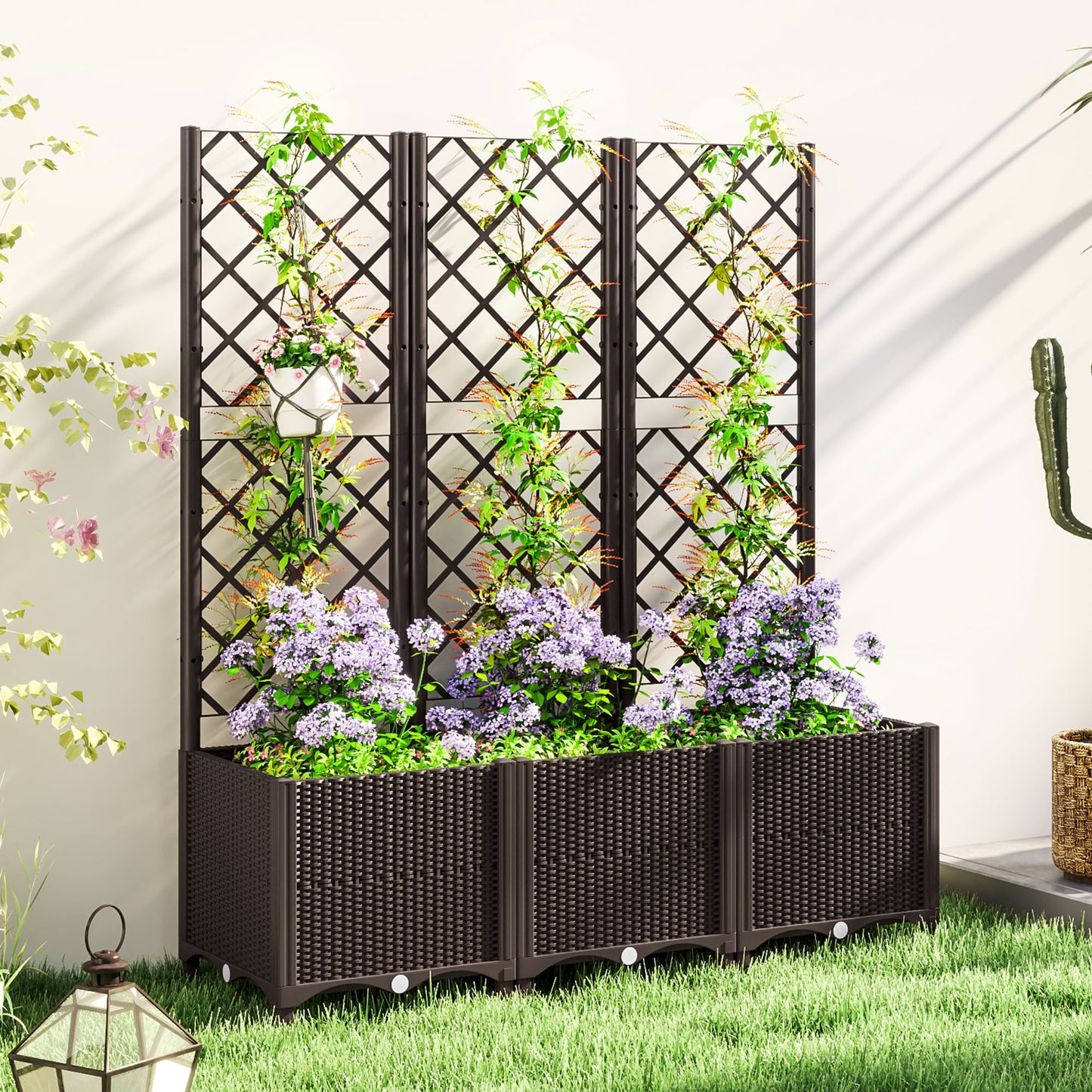 Outsunny Raised Garden Bed with Trellis, Plastic Planter Box with Drainage Holes 3 wide Brown