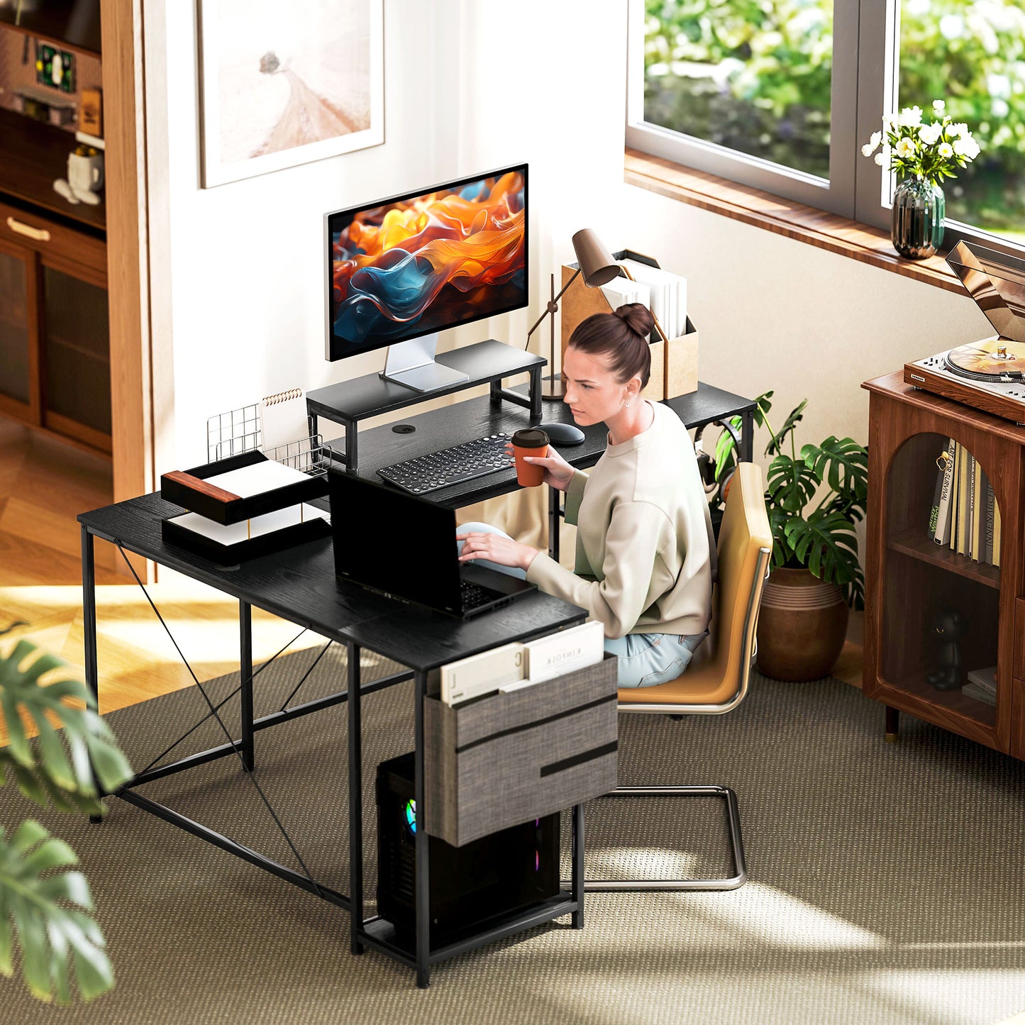 HOMCOM 168cm Reversible L-Shaped Industrial Desk, Adjustable Shelf, Storage Bag, 240cm 2-Person Desk, Black