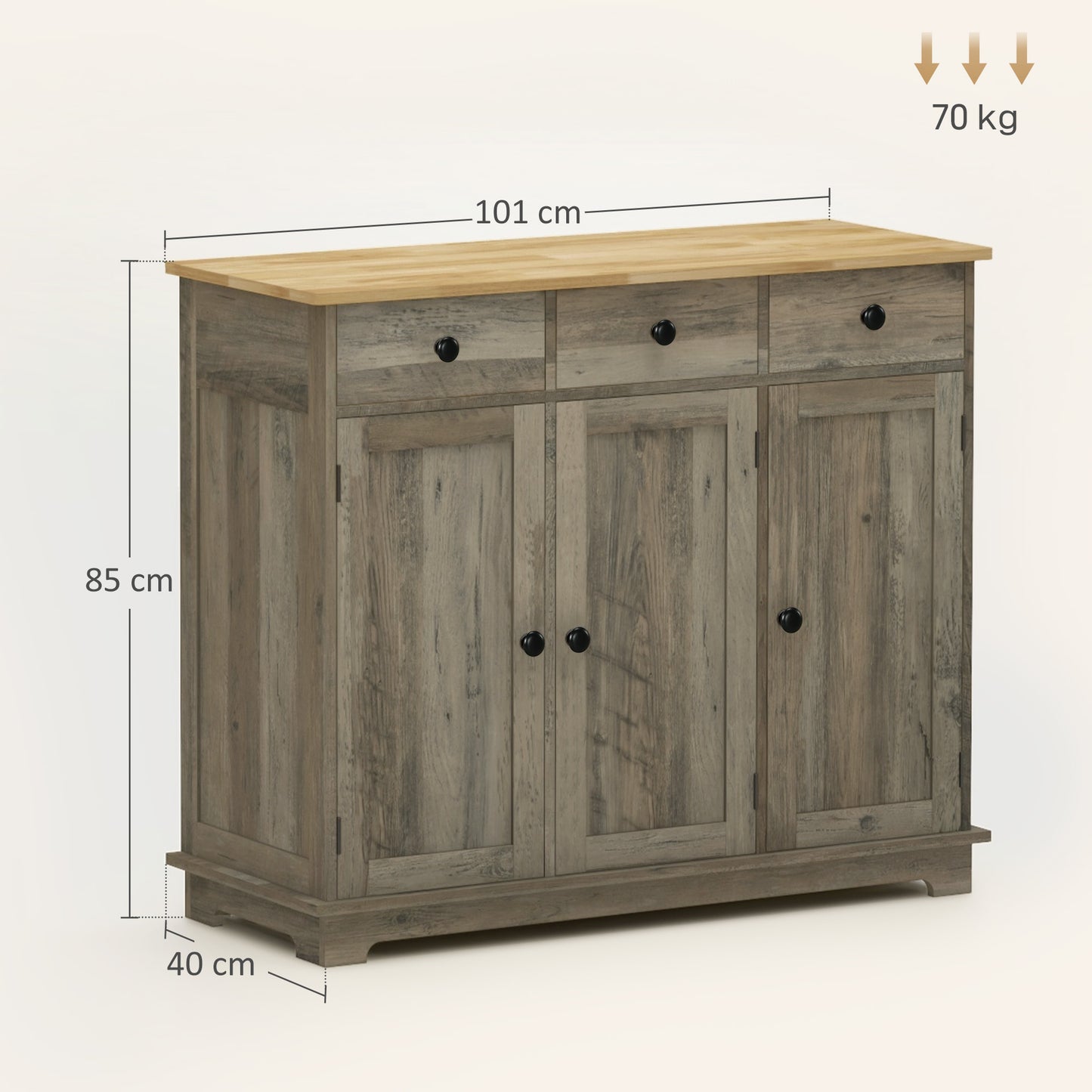 HOMCOM Sideboard with Rubberwood Top, Buffet Cabinet with Storage, Drawers, Adjustable Shelves for Dining Room/Kitchen, Grey Wood-Effect